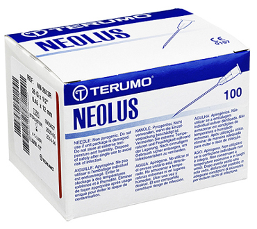 картонная упаковка по 100 игл для мезотерапии Terumo Neolus 26g 0,45х12 имеет коричневый цветовой код